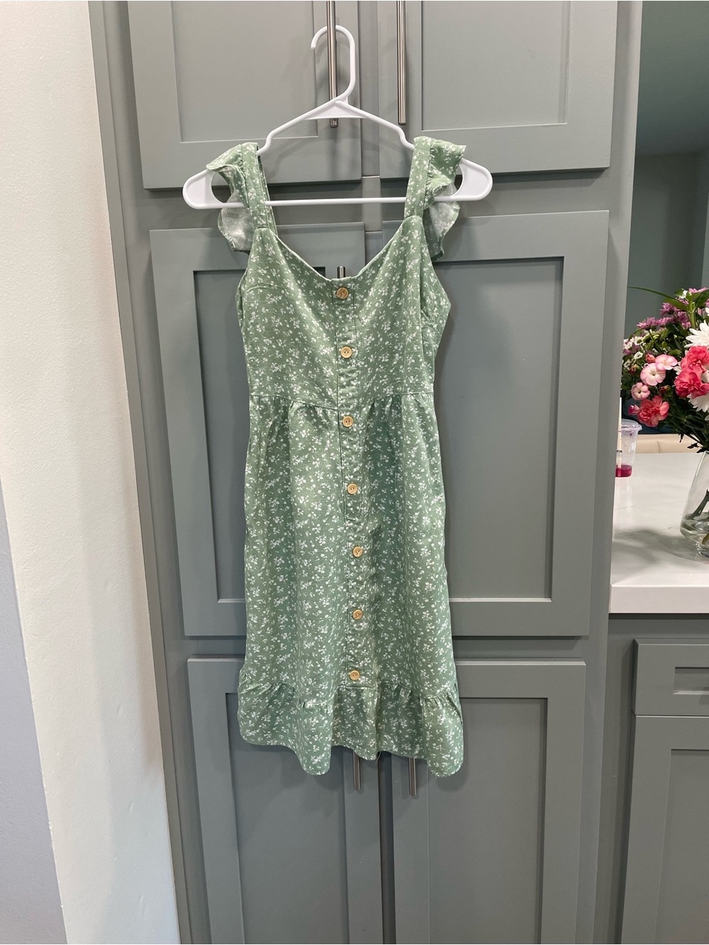 Monteau Sage Green Floral Button-Front Mini Dress